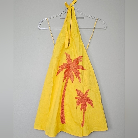 Kimchi Blue Ava Embroidered Halter Mini Dress Swim Coverup, Yellow Orange Palm S - Picture 9 of 15